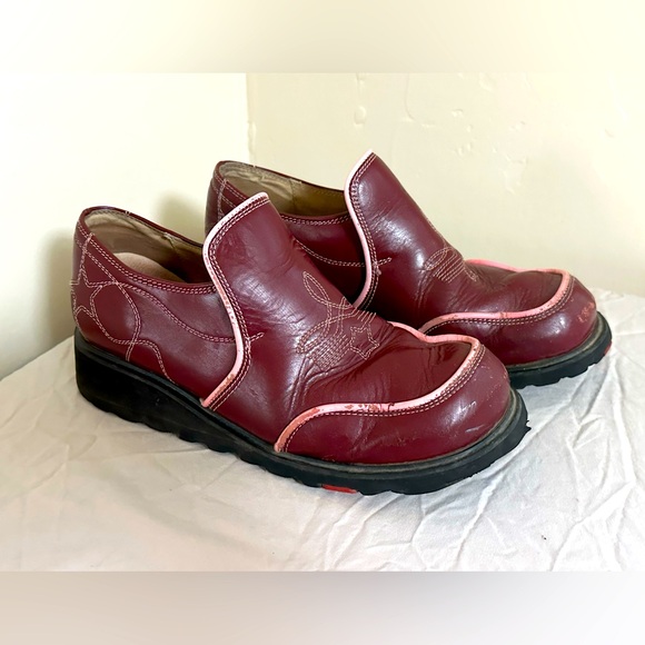 Y2K John Fluevog Burgundy Leather Slip-On Shoes – Women’s Size 9 star stitching - Picture 1 of 10